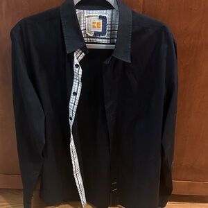 BOSS ORANGE Black Casual Button-Down Shirt with Plaid Trim